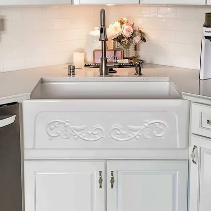 Whitehaus Glencove St. Ives 33" Front Apron Fireclay Sink With An Intricate Vine Design - WHSIV3333-WHITE Whitehaus