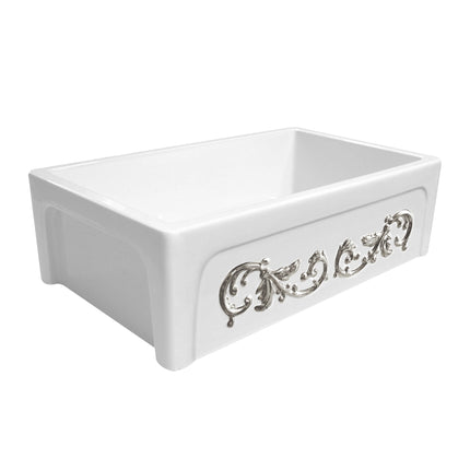 Whitehaus St. Ives Ornamental 33" Reversible Fireclay Kitchen Sink With Intricate Embossed Vine Design Front Apron - WHSIV3333OR-PLATINUM Whitehaus