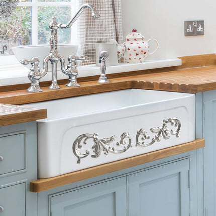 Whitehaus St. Ives Ornamental 33" Reversible Fireclay Kitchen Sink With Intricate Embossed Vine Design Front Apron - WHSIV3333OR-PLATINUM Whitehaus
