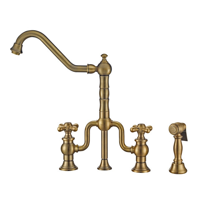 Whitehaus Twisthaus Plus Bridge Faucet With Long Traditional Swivel Spout, Cross Handles And Solid Brass Side Spray - WHTTSCR3-9771-NT-AB Whitehaus