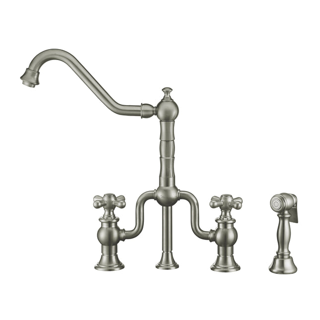 Whitehaus Twisthaus Plus Bridge Faucet With Long Traditional Swivel Spout, Cross Handles And Solid Brass Side Spray - WHTTSCR3-9771-NT-BN Whitehaus