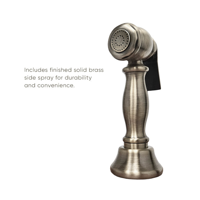 Whitehaus Twisthaus Plus Bridge Faucet With Long Traditional Swivel Spout, Cross Handles And Solid Brass Side Spray - WHTTSCR3-9771-NT-BN Whitehaus