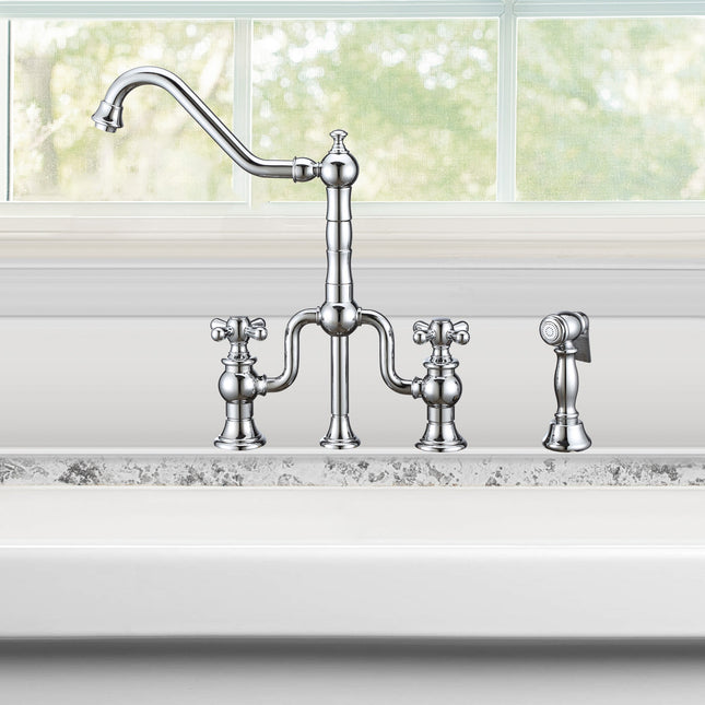 Whitehaus Twisthaus Plus Bridge Faucet With Long Traditional Swivel Spout, Cross Handles And Solid Brass Side Spray - WHTTSCR3-9771-NT-C Whitehaus