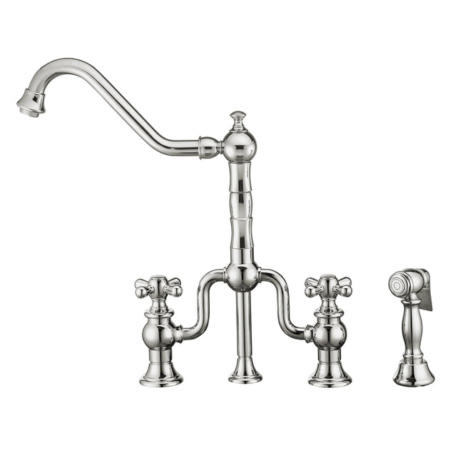 Whitehaus Twisthaus Plus Bridge Faucet With Long Traditional Swivel Spout, Cross Handles And Solid Brass Side Spray - WHTTSCR3-9771-NT-C Whitehaus