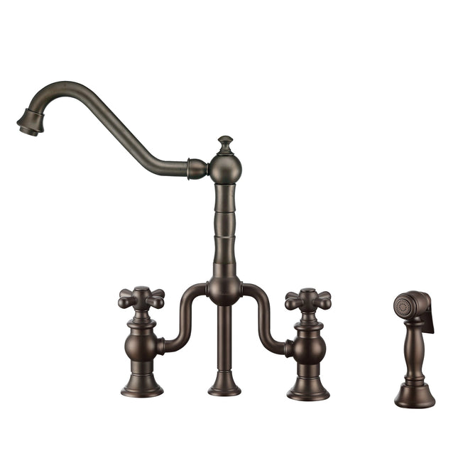 Whitehaus Twisthaus Plus Bridge Faucet With Long Traditional Swivel Spout, Cross Handles And Solid Brass Side Spray - WHTTSCR3-9771-NT-ORB Whitehaus