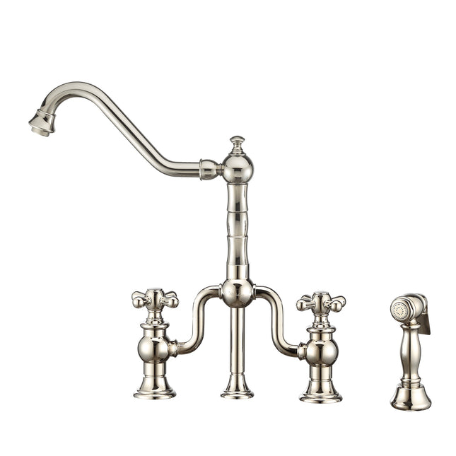 Whitehaus Twisthaus Plus Bridge Faucet With Long Traditional Swivel Spout, Cross Handles And Solid Brass Side Spray - WHTTSCR3-9771-NT-PN Whitehaus