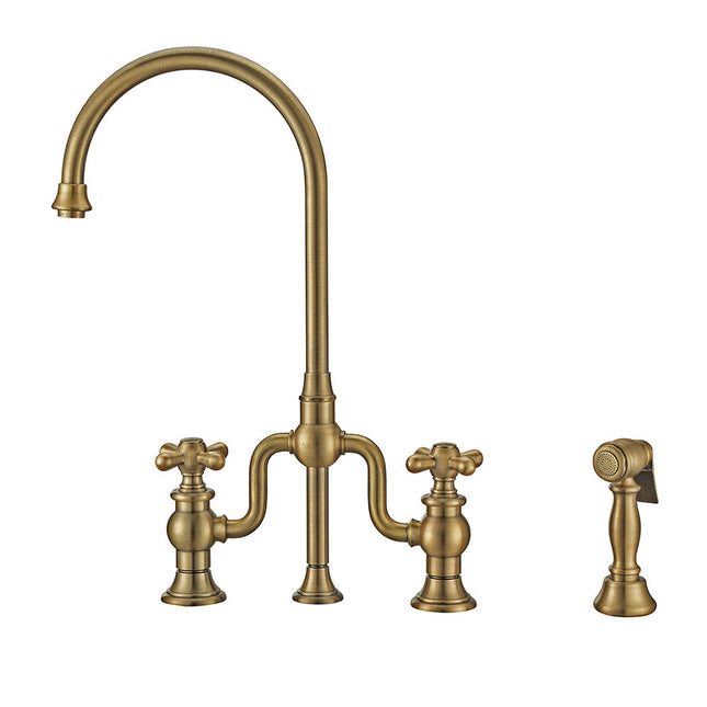 Whitehaus Twisthaus Plus Bridge Faucet With Gooseneck Swivel Spout, Cross Handles And Solid Brass Side Spray - WHTTSCR3-9773-NT-AB Whitehaus