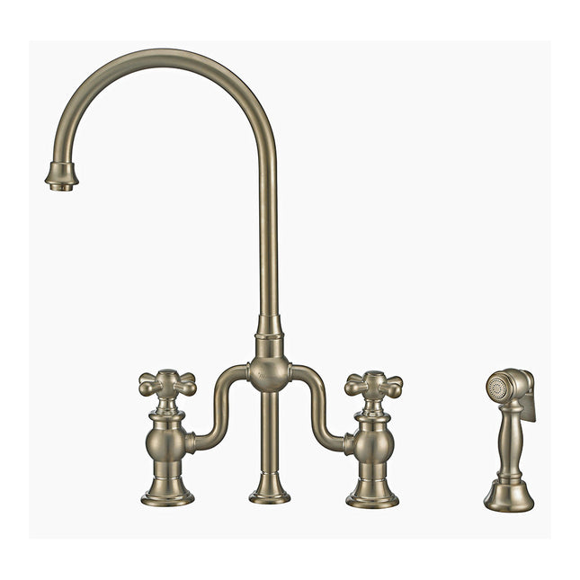 Whitehaus Twisthaus Plus Bridge Faucet With Gooseneck Swivel Spout, Cross Handles And Solid Brass Side Spray - WHTTSCR3-9773-NT-BN Whitehaus