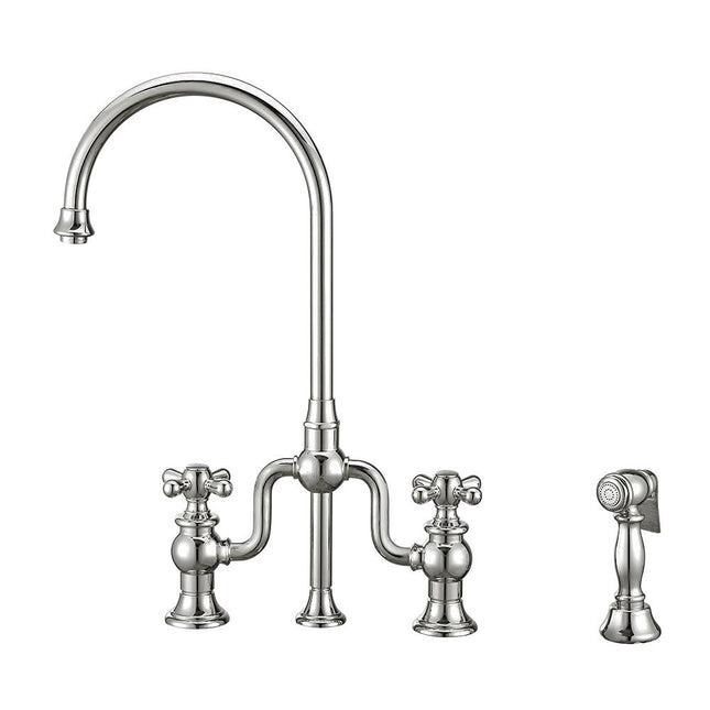 Whitehaus Twisthaus Plus Bridge Faucet With Gooseneck Swivel Spout, Cross Handles And Solid Brass Side Spray - WHTTSCR3-9773-NT-C Whitehaus