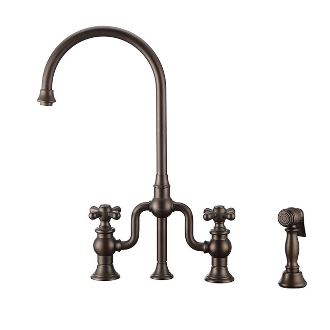 Whitehaus Twisthaus Plus Bridge Faucet With Gooseneck Swivel Spout, Cross Handles And Solid Brass Side Spray - WHTTSCR3-9773-NT-ORB Whitehaus