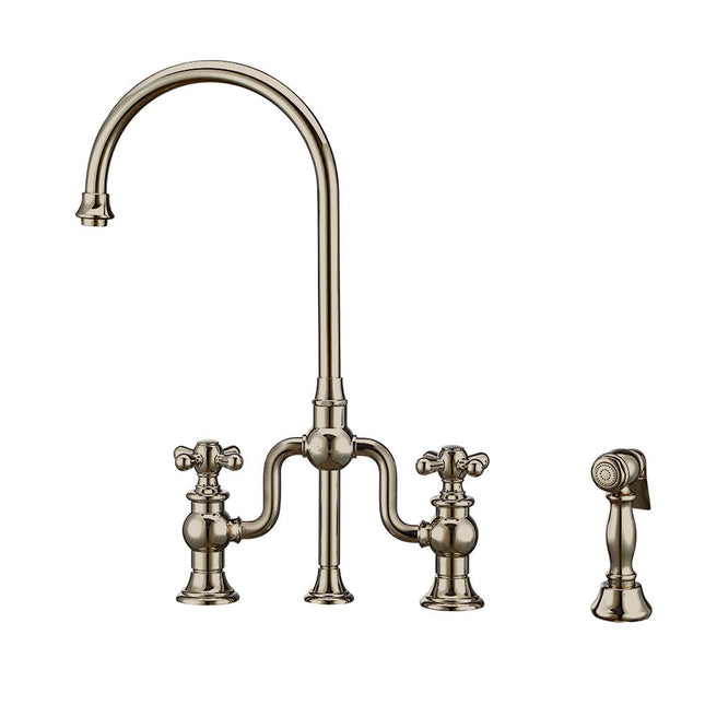 Whitehaus Twisthaus Plus Bridge Faucet With Gooseneck Swivel Spout, Cross Handles And Solid Brass Side Spray - WHTTSCR3-9773-NT-PN Whitehaus