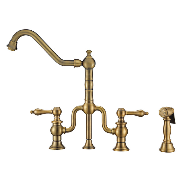 Whitehaus Twisthaus Plus Bridge Faucet With Long Traditional Swivel Spout, Lever Handles And Solid Brass Side Spray - WHTTSLV3-9771-NT-AB Whitehaus