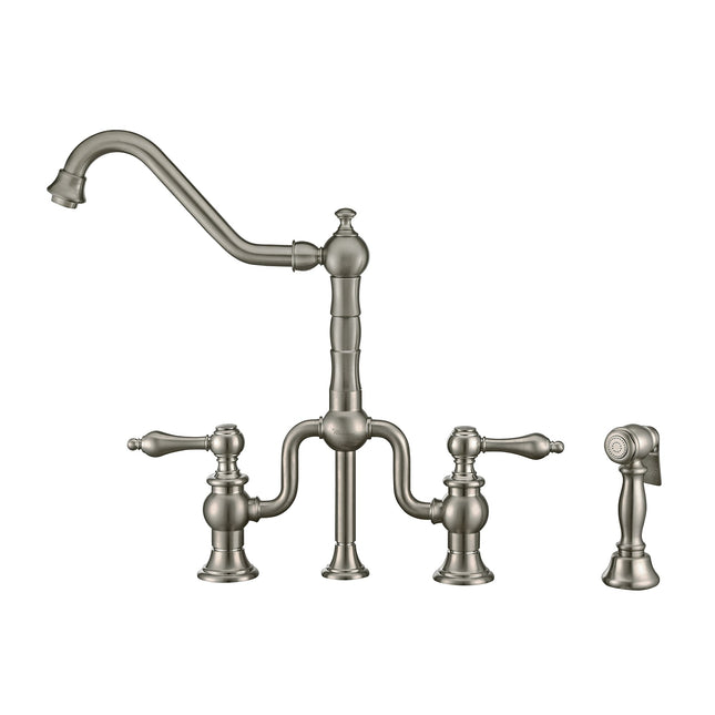 Whitehaus Twisthaus Plus Bridge Faucet With Long Traditional Swivel Spout, Lever Handles And Solid Brass Side Spray - WHTTSLV3-9771-NT-BN Whitehaus