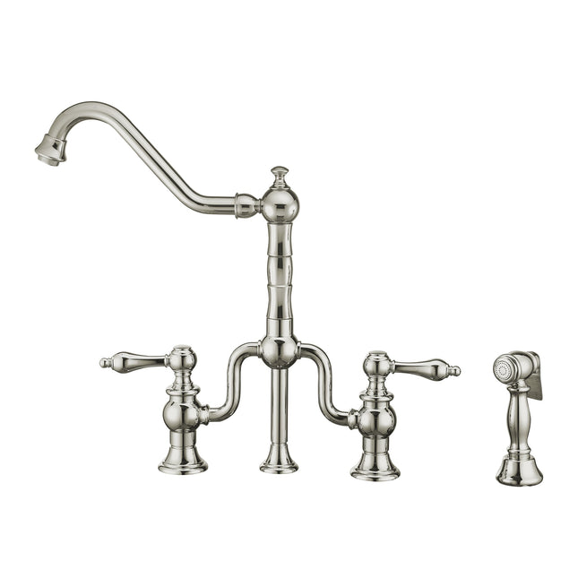 Whitehaus Twisthaus Plus Bridge Faucet With Long Traditional Swivel Spout, Lever Handles And Solid Brass Side Spray - WHTTSLV3-9771-NT-C Whitehaus