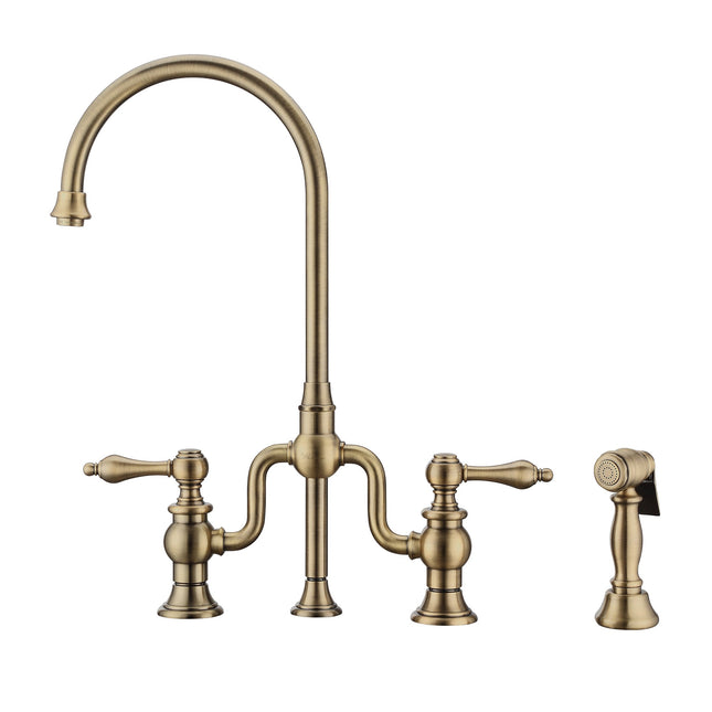 Whitehaus Twisthaus Plus Bridge Faucet With Gooseneck Swivel Spout, Lever Handles And Solid Brass Side Spray - WHTTSLV3-9773-NT-AB Whitehaus