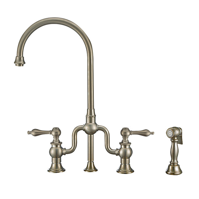 Whitehaus Twisthaus Plus Bridge Faucet With Gooseneck Swivel Spout, Lever Handles And Solid Brass Side Spray - WHTTSLV3-9773-NT-BN Whitehaus