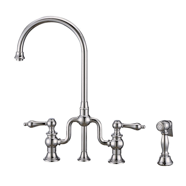 Whitehaus Twisthaus Plus Bridge Faucet With Gooseneck Swivel Spout, Lever Handles And Solid Brass Side Spray - WHTTSLV3-9773-NT-C Whitehaus