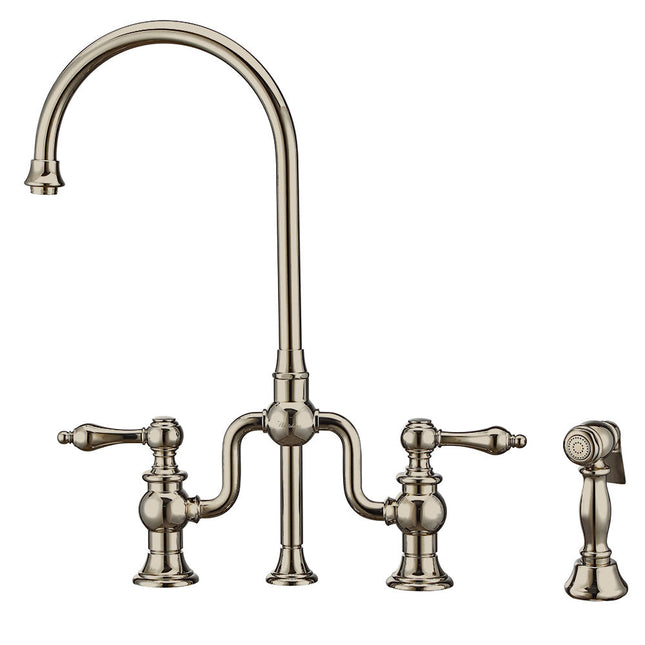 Whitehaus Twisthaus Plus Bridge Faucet With Gooseneck Swivel Spout, Lever Handles And Solid Brass Side Spray - WHTTSLV3-9773-NT-PN Whitehaus
