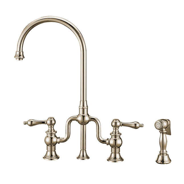 Whitehaus Twisthaus Plus Bridge Faucet With Long Traditional Swivel Spout, Lever Handles And Solid Brass Side Spray - WHTTSLV3-9771-NT-PN Whitehaus