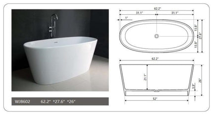Legion Furniture 62.2" White Matt Solid Surface  Freestanding Tub WJ8602-W Legion Furniture