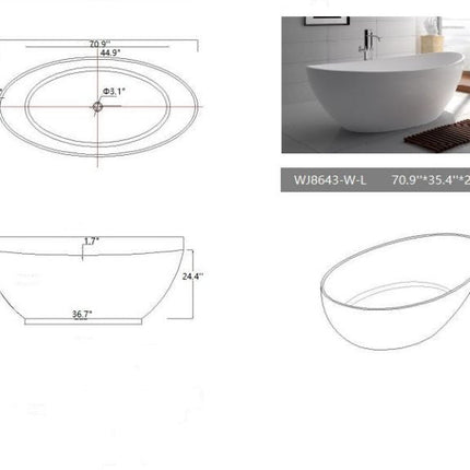 Legion Furniture 71" White Matt Solid Surface  Freestanding Tub WJ8643-W-L Legion Furniture