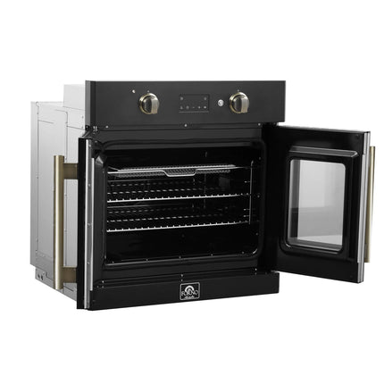 Forno Asti 30-Inch French Door Electric Wall Oven in Black & Antique Brass, 3.68 cu. ft. True Convection, 3,600W, Air Fry, Sous Vide, Self-Clean FORNO