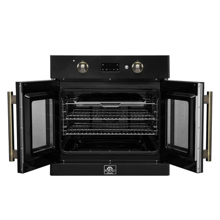 Forno Asti 30-Inch French Door Electric Wall Oven in Black & Antique Brass, 3.68 cu. ft. True Convection, 3,600W, Air Fry, Sous Vide, Self-Clean FORNO