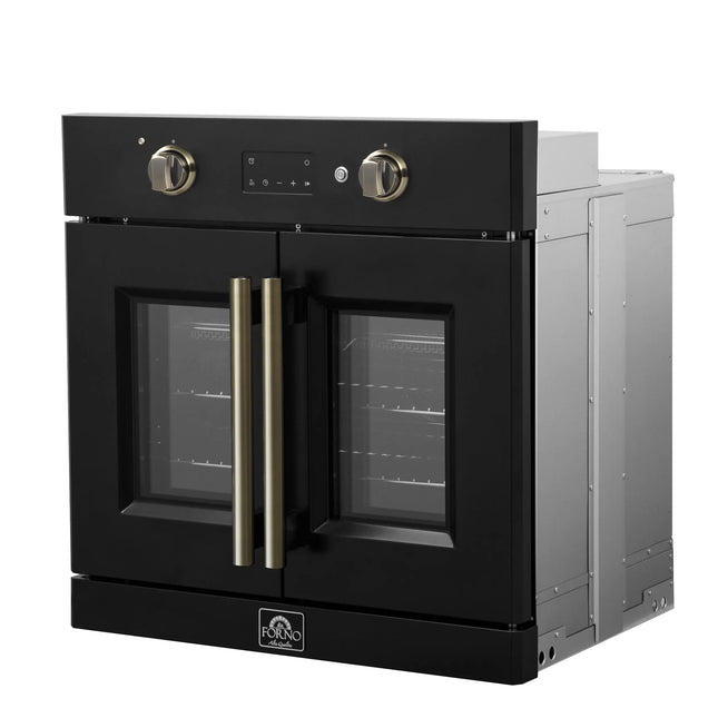 Forno Asti 30-Inch French Door Electric Wall Oven in Black & Antique Brass, 3.68 cu. ft. True Convection, 3,600W, Air Fry, Sous Vide, Self-Clean FORNO