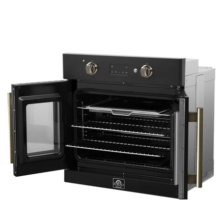 Forno Asti 30-Inch French Door Electric Wall Oven in Black & Antique Brass, 3.68 cu. ft. True Convection, 3,600W, Air Fry, Sous Vide, Self-Clean FORNO