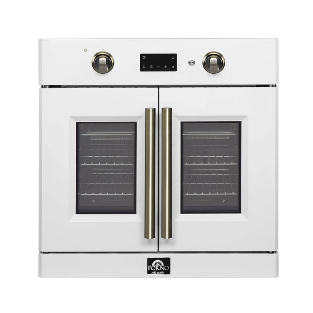 Forno Asti 30-Inch French Door Electric Wall Oven in White & Antique Brass, 3.68 cu. ft. True Convection, 3,600W, Air Fry, Sous Vide, Self-Clean FORNO