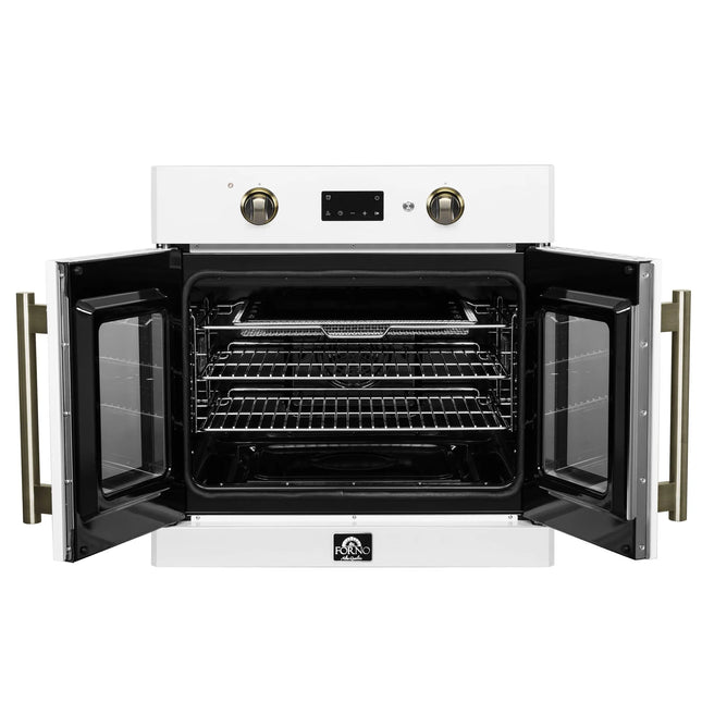 Forno Asti 30-Inch French Door Electric Wall Oven in White & Antique Brass, 3.68 cu. ft. True Convection, 3,600W, Air Fry, Sous Vide, Self-Clean FORNO