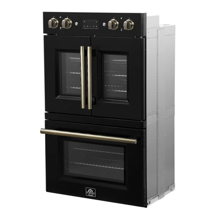 Forno Asti 30-Inch Double Electric Wall Oven with Upper French Doors in Black & Antique Brass, 7.36 cu. ft. Dual True Convection, 7,200W, Air Fry, Sous Vide, Self-Clean FORNO