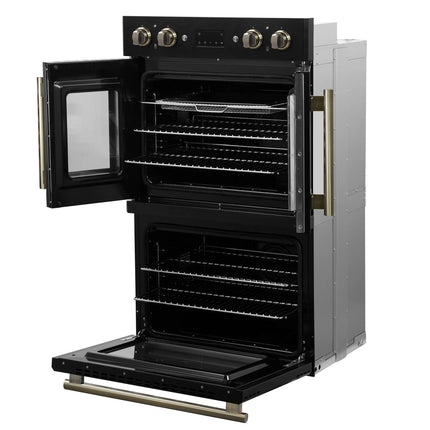 Forno Asti 30-Inch Double Electric Wall Oven with Upper French Doors in Black & Antique Brass, 7.36 cu. ft. Dual True Convection, 7,200W, Air Fry, Sous Vide, Self-Clean FORNO
