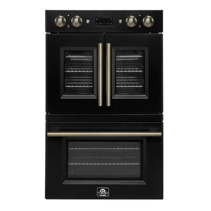 Forno Asti 30-Inch Double Electric Wall Oven with Upper French Doors in Black & Antique Brass, 7.36 cu. ft. Dual True Convection, 7,200W, Air Fry, Sous Vide, Self-Clean FORNO