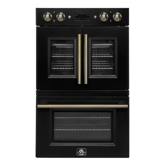 Forno Asti 30-Inch Double Electric Wall Oven with Upper French Doors in Black & Antique Brass, 7.36 cu. ft. Dual True Convection, 7,200W, Air Fry, Sous Vide, Self-Clean FORNO