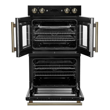 Forno Asti 30-Inch Double Electric Wall Oven with Upper French Doors in Black & Antique Brass, 7.36 cu. ft. Dual True Convection, 7,200W, Air Fry, Sous Vide, Self-Clean FORNO