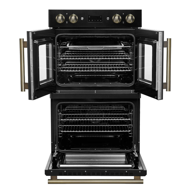 Forno Asti 30-Inch Double Electric Wall Oven with Upper French Doors in Black & Antique Brass, 7.36 cu. ft. Dual True Convection, 7,200W, Air Fry, Sous Vide, Self-Clean FORNO