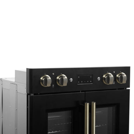 Forno Asti 30-Inch Double Electric Wall Oven with Upper French Doors in Black & Antique Brass, 7.36 cu. ft. Dual True Convection, 7,200W, Air Fry, Sous Vide, Self-Clean FORNO