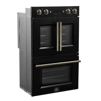 Forno Asti 30-Inch Double Electric Wall Oven with Upper French Doors in Black & Antique Brass, 7.36 cu. ft. Dual True Convection, 7,200W, Air Fry, Sous Vide, Self-Clean FORNO