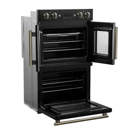 Forno Asti 30-Inch Double Electric Wall Oven with Upper French Doors in Black & Antique Brass, 7.36 cu. ft. Dual True Convection, 7,200W, Air Fry, Sous Vide, Self-Clean FORNO