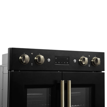 Forno Asti 30-Inch Double Electric Wall Oven with Upper French Doors in Black & Antique Brass, 7.36 cu. ft. Dual True Convection, 7,200W, Air Fry, Sous Vide, Self-Clean FORNO