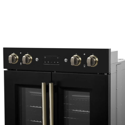 Forno Asti 30-Inch Double Electric Wall Oven with Upper French Doors in Black & Antique Brass, 7.36 cu. ft. Dual True Convection, 7,200W, Air Fry, Sous Vide, Self-Clean FORNO