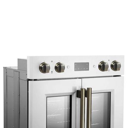 Forno Asti 30-Inch Double Electric Wall Oven with Upper French Doors in White & Antique Brass, 7.36 cu. ft. Dual True Convection, 7,200W, Air Fry, Sous Vide, Self-Clean FORNO