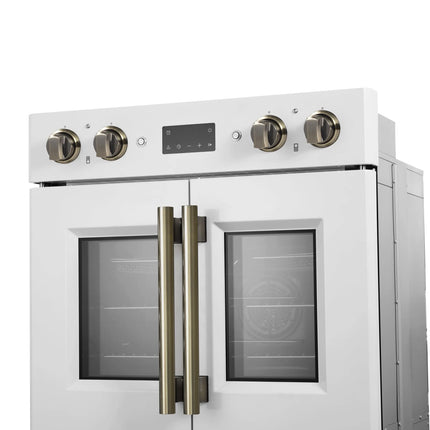 Forno Asti 30-Inch Double Electric Wall Oven with Upper French Doors in White & Antique Brass, 7.36 cu. ft. Dual True Convection, 7,200W, Air Fry, Sous Vide, Self-Clean FORNO