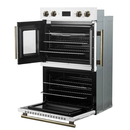 Forno Asti 30-Inch Double Electric Wall Oven with Upper French Doors in White & Antique Brass, 7.36 cu. ft. Dual True Convection, 7,200W, Air Fry, Sous Vide, Self-Clean FORNO