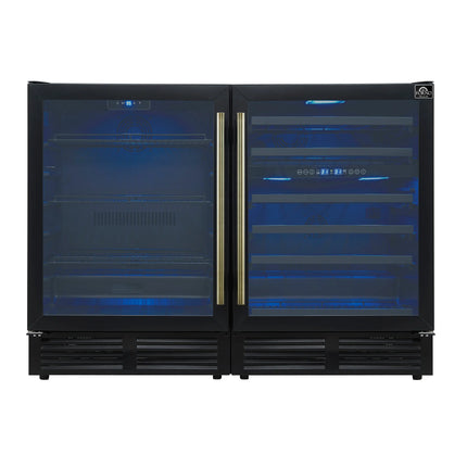 Gemello 48 Inch Side-by-Side Wine and Beverage Cooler in Black with Antique Brass Handles, French Door, 9.6 cu. ft. FORNO