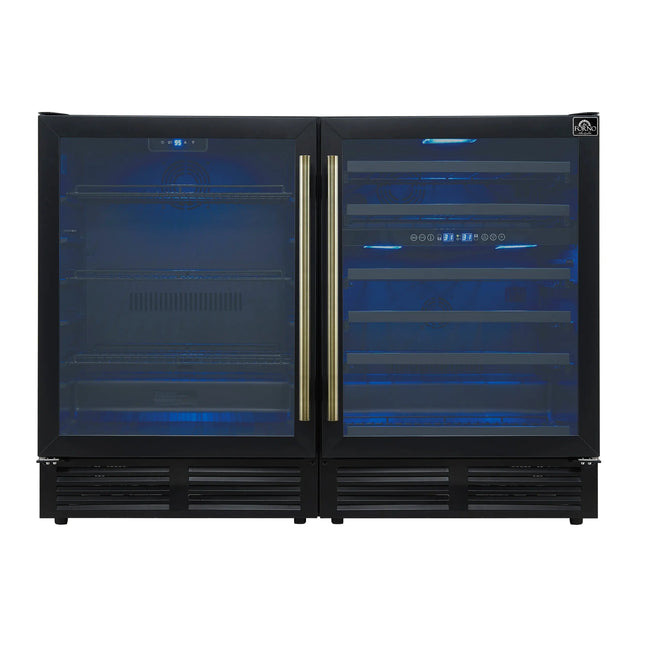 Gemello 48 Inch Side-by-Side Wine and Beverage Cooler in Black with Antique Brass Handles, French Door, 9.6 cu. ft. FORNO