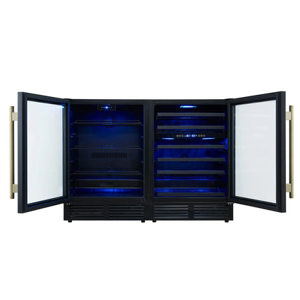 Gemello 48 Inch Side-by-Side Wine and Beverage Cooler in Black with Antique Brass Handles, French Door, 9.6 cu. ft. FORNO
