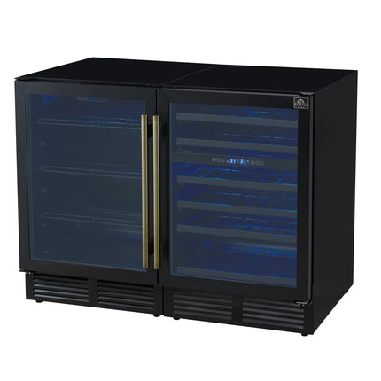 Gemello 48 Inch Side-by-Side Wine and Beverage Cooler in Black with Antique Brass Handles, French Door, 9.6 cu. ft. FORNO