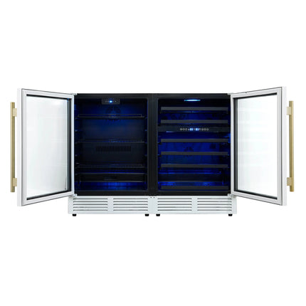 Gemello 48 Inch Side-by-Side Wine and Beverage Cooler in White with Antique Brass Handles, French Door, 9.6 cu. ft. FORNO
